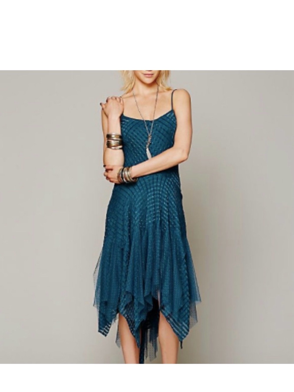 Free people Handkerchief Hem asymmetrical Spaghetti Strap Dress Teal turquoise